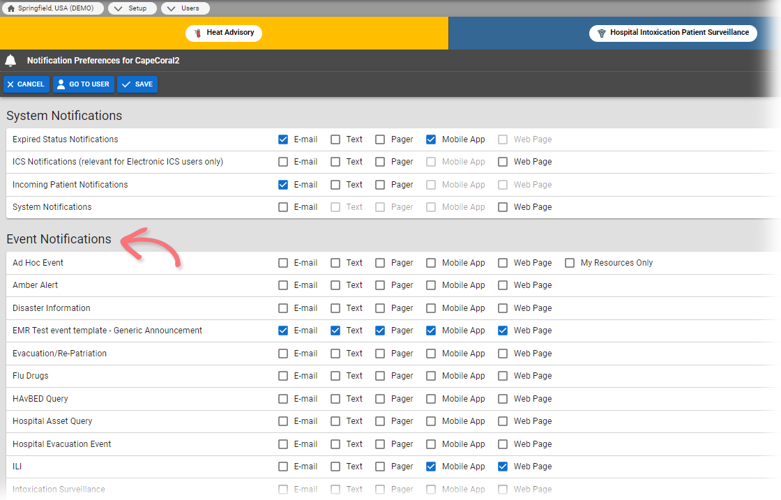 EMResource Update Event Notification Preferences